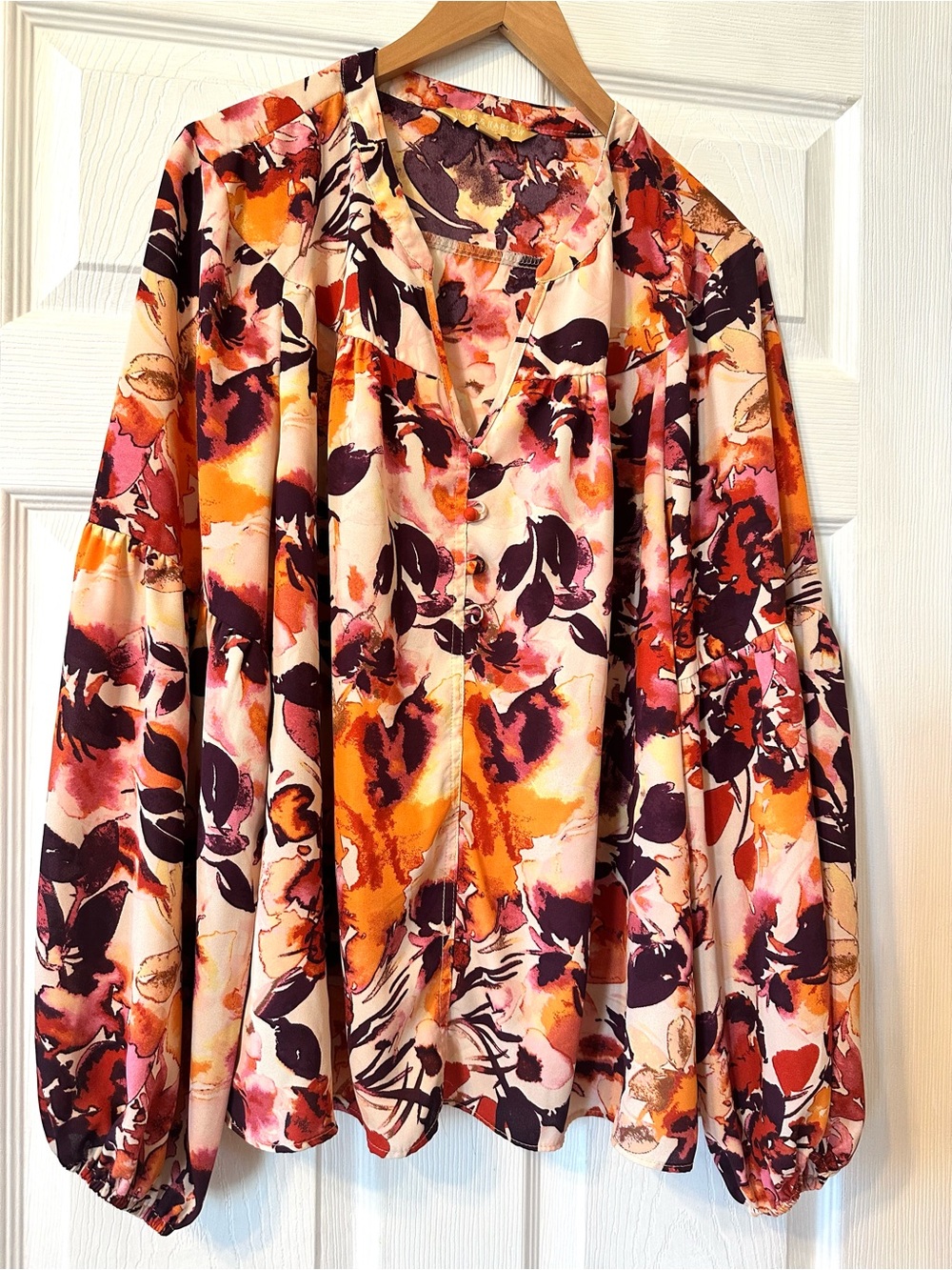 Watercolor Floral V-Neck Blouse in Pink, Orange & Cream